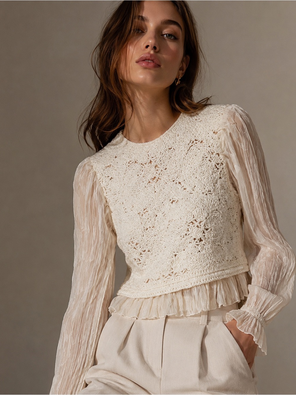 Zara Crochet Knit Sheer Sleeve Peplum Boho Fairycore Top Ivory Medium